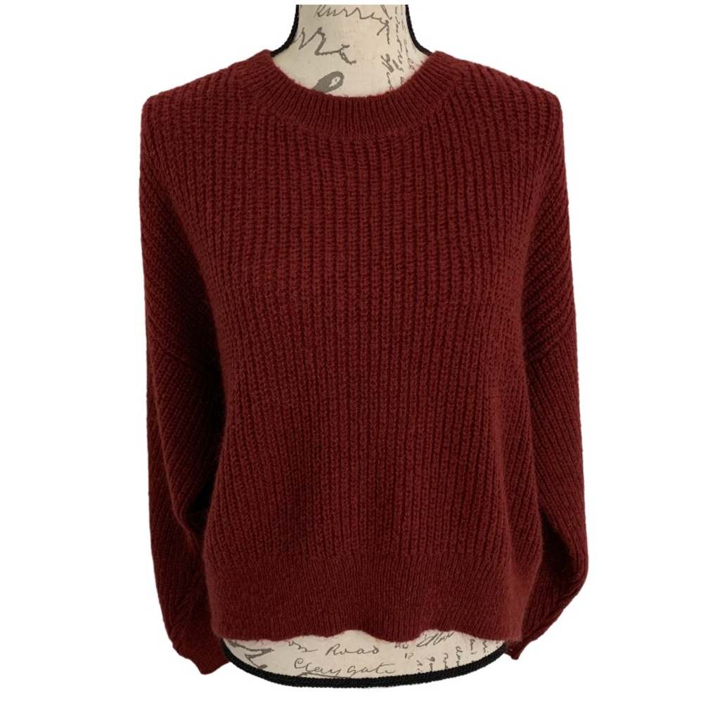 H&M Mohair Blend Ribbed Oversized Drop Shoulder Crew Neck Sweater Burgundy S